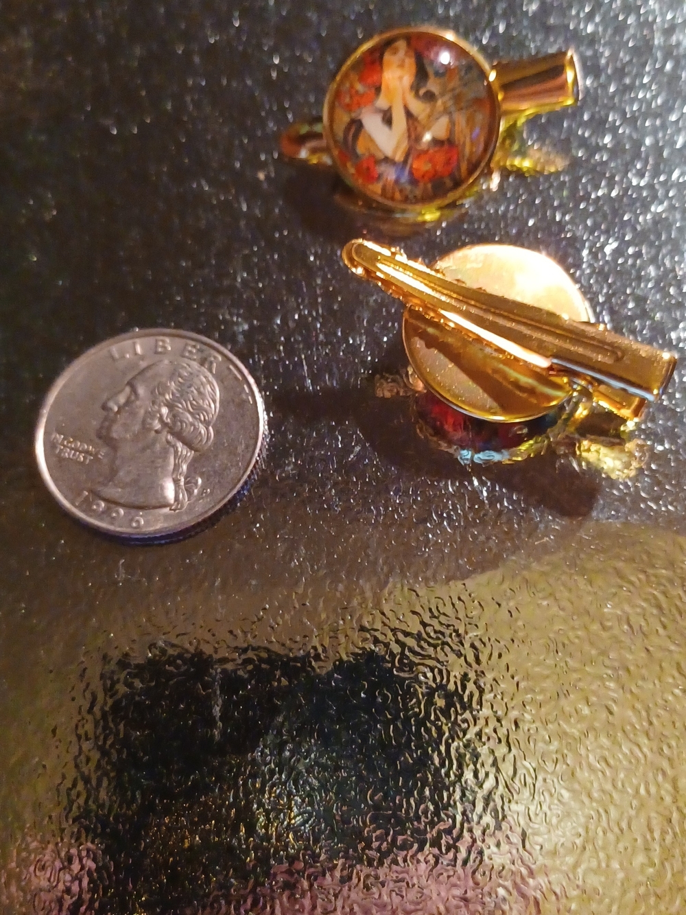 2x Gold Tone Art Nouveau Round Cabochon Hair Clips. Multi Color